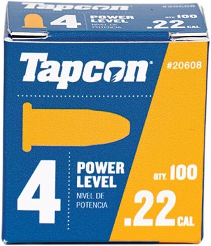 Tapcon .22 أحمال مسحوق عيار، 100 قطعة، مستوى الطاقة 4، أصفر، للتركيبات المجمعة الصلبة، صنع في الولايات المتحدة الأمريكية، متوافق مع أدوات تشغيل مسحوق الطلقة الواحدة Tapcon T22، TP22، وHS22 in Kuwait