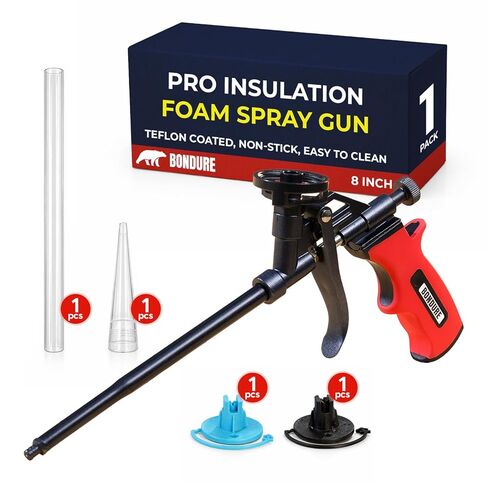 Pro Spray Foam Gun, (8 inch) PTFE (Teflon) Coated Non-Stick, Adjustable Flow Control Dial, Ergonomic Handle, Universal Screw Top Can Adapter, Long Reach Barrel, Includes Nozzle Set in Saudi Arabia