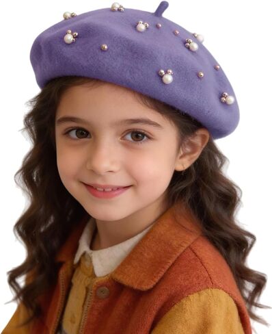 Kids Wool Beret Hat French Style Girls Pearl Beret Hat Cute Artist Cap Classic Solid Color Warm Beanie Headwear in Kuwait