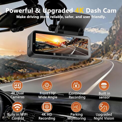 Dash Cam front and rear,3"IPS screen dash camera for cars,Car camera 4K HD front camera & 1080P rear camera,5GHz WiFi&APP,HDR,G-Sensor,Night vision,24H parking monitoring,loop recording,Free64GB in Kuwait