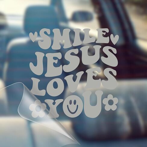 Smile Jesus Loves You - Christian Jesus Cross Car Vinyl Decal Bumper Sticker for Car, Wall, Window, Vehicle, Weather Resistant, Viral in Kuwait