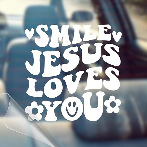 Smile Jesus Loves You - Christian Jesus Cross Car Vinyl Decal Bumper Sticker for Car, Wall, Window, Vehicle, Weather Resistant, Viral in Kuwait
