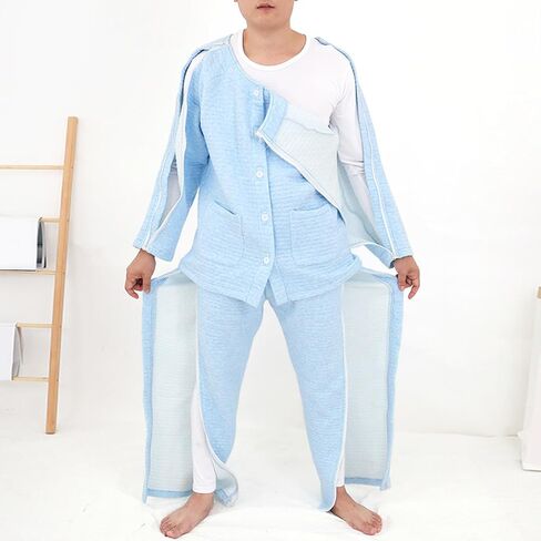 Bedridden Patient Clothing Tear Away Patient Pajamas for Men Hospital Gowns Cotton Adaptive Clothing,Blue,L in Saudi Arabia