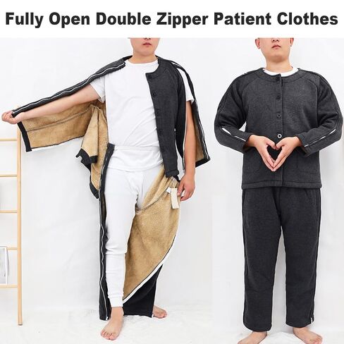 Tear Away Patient Clothes Double Zipper Bedridden Pajamas Set Fleece Thickened Suitable for Elderly, Washable,Black,M in Saudi Arabia