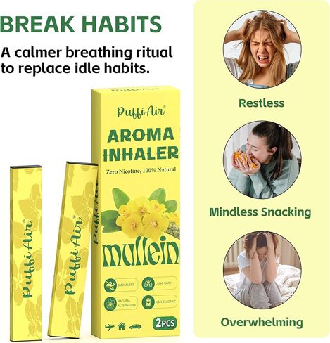 مجموعة الهواء العشبية PUFFIAIR Mullein | خالي من النيكوتين، بدون دخان، غير كهربائي، يمكن استخدامه في أي مكان - يقلل من الرغبة الشديدة والتعب، ويريح الرئة ويدعم التنفس، قطعتان in Kuwait