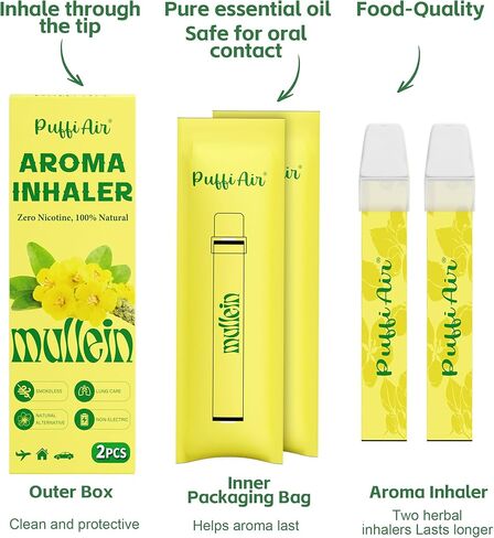 مجموعة الهواء العشبية PUFFIAIR Mullein | خالي من النيكوتين، بدون دخان، غير كهربائي، يمكن استخدامه في أي مكان - يقلل من الرغبة الشديدة والتعب، ويريح الرئة ويدعم التنفس، قطعتان in Kuwait