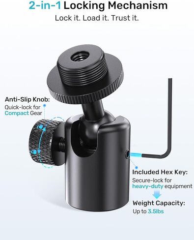 Ball and Socket Head Microphone Adapter, All Metal, 180° & 360° Swivel Mini Mic Ball Head Adapter with 5/8"-27 Thread & 3/8" Scew Adapters, Ideal for Microphone Angle Adjustment & Studio Setup in Kuwait
