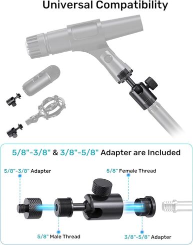 Ball and Socket Head Microphone Adapter, All Metal, 180° & 360° Swivel Mini Mic Ball Head Adapter with 5/8"-27 Thread & 3/8" Scew Adapters, Ideal for Microphone Angle Adjustment & Studio Setup in Kuwait