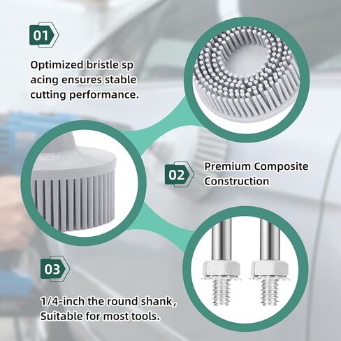 3 قطع قرص شعيرات 2 بوصة أداة إزالة الحشية - مقاس 50#، 80#، 120#، قرص تنظيف فرشاة ذات شعيرات بيضاء وأصفر وأخضر مع أقراص طلاء كاشطة ملحقة بساق 1/4 in Kuwait