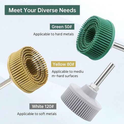 3 قطع قرص شعيرات 2 بوصة أداة إزالة الحشية - مقاس 50#، 80#، 120#، قرص تنظيف فرشاة ذات شعيرات بيضاء وأصفر وأخضر مع أقراص طلاء كاشطة ملحقة بساق 1/4 in Kuwait