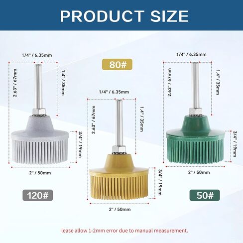 3 قطع قرص شعيرات 2 بوصة أداة إزالة الحشية - مقاس 50#، 80#، 120#، قرص تنظيف فرشاة ذات شعيرات بيضاء وأصفر وأخضر مع أقراص طلاء كاشطة ملحقة بساق 1/4 in Kuwait