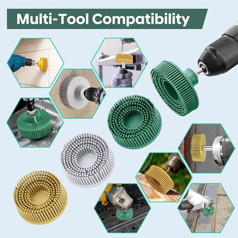 3 قطع قرص شعيرات 2 بوصة أداة إزالة الحشية - مقاس 50#، 80#، 120#، قرص تنظيف فرشاة ذات شعيرات بيضاء وأصفر وأخضر مع أقراص طلاء كاشطة ملحقة بساق 1/4 in Kuwait