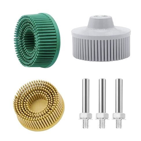 3 قطع قرص شعيرات 2 بوصة أداة إزالة الحشية - مقاس 50#، 80#، 120#، قرص تنظيف فرشاة ذات شعيرات بيضاء وأصفر وأخضر مع أقراص طلاء كاشطة ملحقة بساق 1/4 in Kuwait