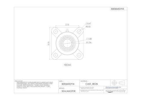Sealmaster SF-16 Standard Duty Flange Unit, 4 Bolt, Regreasable, Felt Seals, Setscrew Locking Collar, Cast Iron Housing, 1" Bore, 3-3/4" Overall Length, 2-3/4" Bolt Hole Spacing Width, 17/32" Flange Height in Kuwait