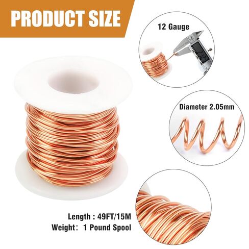 ELECTRAPICK Copper Wire, 99.9% Soft Pure Bare Copper Wire for Gardening, Electroculture, Jewelry Making Craft, Beading, Ground Wire & DIY, 12Gauge/ 2 mm Diameter, 49 Feet/15 m,1 Pound in Kuwait
