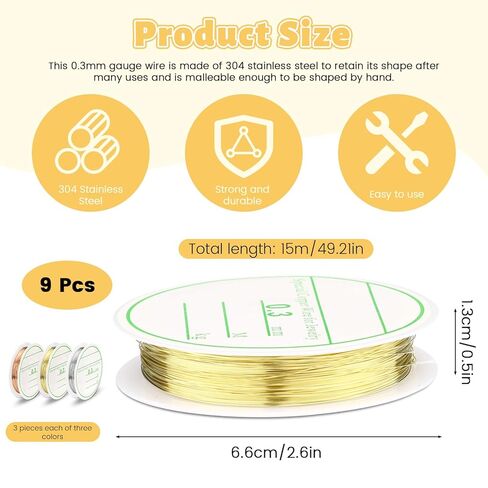 9 Packs 0.03 cm Thin Copper Wire for Jewelry Making Supplies, 16 Yards Copper Beading Wire String Wrapping and Crafting for Earring Bracelet Necklaces (Silver, Gold, Rose Gold) in Kuwait
