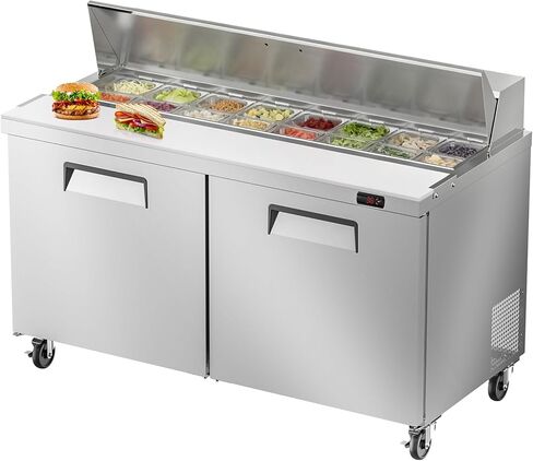 60" W Commercial Refrigerator Sandwich Salad Prep Table, Stainless Steel 2-Door Sandwich Prep Table Refrigerator, Counter Fan Cooling Refrigerator with 16 Pans for Restaurant, Bar in Kuwait