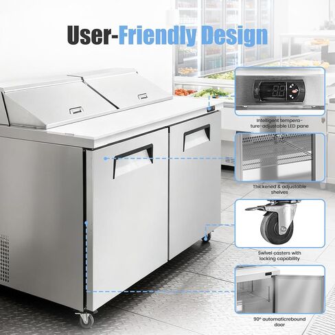 60" W Commercial Refrigerator Sandwich Salad Prep Table, Stainless Steel 2-Door Sandwich Prep Table Refrigerator, Counter Fan Cooling Refrigerator with 16 Pans for Restaurant, Bar in Kuwait