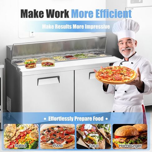60" W Commercial Refrigerator Sandwich Salad Prep Table, Stainless Steel 2-Door Sandwich Prep Table Refrigerator, Counter Fan Cooling Refrigerator with 16 Pans for Restaurant, Bar in Kuwait