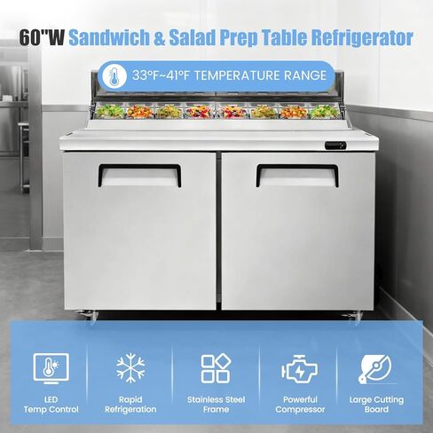 60" W Commercial Refrigerator Sandwich Salad Prep Table, Stainless Steel 2-Door Sandwich Prep Table Refrigerator, Counter Fan Cooling Refrigerator with 16 Pans for Restaurant, Bar in Kuwait