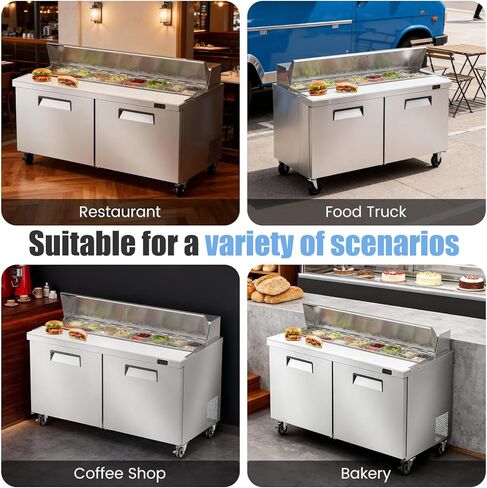 60" W Commercial Refrigerator Sandwich Salad Prep Table, Stainless Steel 2-Door Sandwich Prep Table Refrigerator, Counter Fan Cooling Refrigerator with 16 Pans for Restaurant, Bar in Kuwait