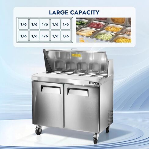 طاولة إعداد السلطة التجارية HECMAC مقاس 36 بوصة واط - ثلاجة تبريد بمروحة، من الفولاذ المقاوم للصدأ مع 10 مقالي، ثلاجة 9.68 قدم مكعب للمطعم وبار المطبخ، ETL&NSF/ANSI 7 in Kuwait