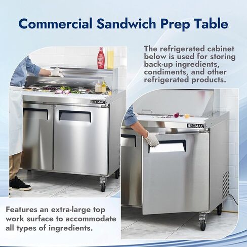 طاولة إعداد السلطة التجارية HECMAC مقاس 36 بوصة واط - ثلاجة تبريد بمروحة، من الفولاذ المقاوم للصدأ مع 10 مقالي، ثلاجة 9.68 قدم مكعب للمطعم وبار المطبخ، ETL&NSF/ANSI 7 in Kuwait