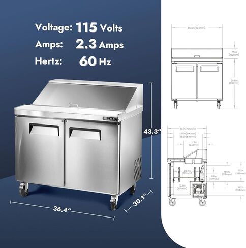 طاولة إعداد السلطة التجارية HECMAC مقاس 36 بوصة واط - ثلاجة تبريد بمروحة، من الفولاذ المقاوم للصدأ مع 10 مقالي، ثلاجة 9.68 قدم مكعب للمطعم وبار المطبخ، ETL&NSF/ANSI 7 in Kuwait