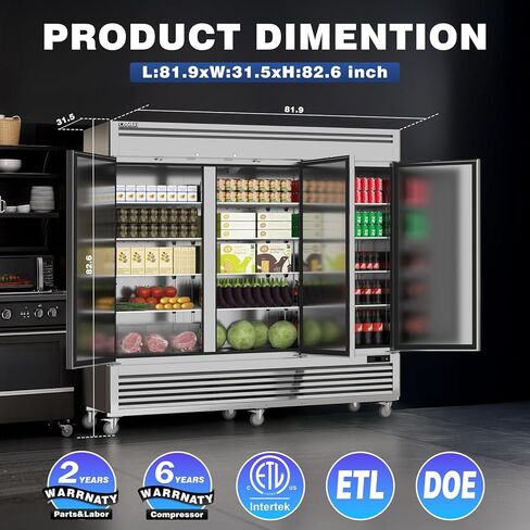 Coolski 3 Door Commercial Refrigerator 82"W 72 Cu.ft Reach-in Stainless Steel Upright Commercial Refrigerator for Restuarant, Bar, Shop, Garage in Kuwait
