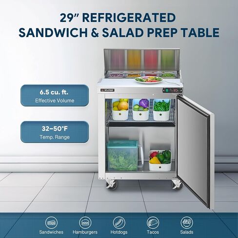 Wilprep 29" Commercial Sandwich Prep Table Refrigerator, 1 Door Stainless Steel Salad Prep Fridge with 8 x 1/6 Pans, 6.5 cu. ft. Fan Cooling Counter Station, NSF & ETL Listed in Kuwait