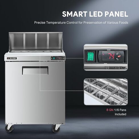 Wilprep 29" Commercial Sandwich Prep Table Refrigerator, 1 Door Stainless Steel Salad Prep Fridge with 8 x 1/6 Pans, 6.5 cu. ft. Fan Cooling Counter Station, NSF & ETL Listed in Kuwait