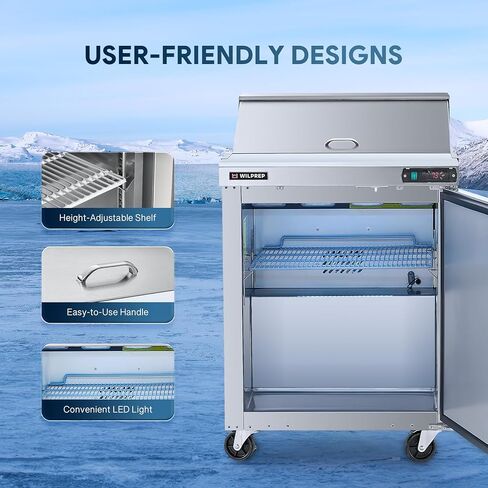 Wilprep 29" Commercial Sandwich Prep Table Refrigerator, 1 Door Stainless Steel Salad Prep Fridge with 8 x 1/6 Pans, 6.5 cu. ft. Fan Cooling Counter Station, NSF & ETL Listed in Kuwait
