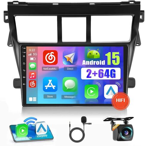 Car Radio for Toyota Yaris Vios 2007 2008 2009 2010 2011 2012, Car Stereo Wireless Carplay Android Auto, Android 13 System, 2+64GB, 9 Inch Touch Screen Bluetooth Car Radio GPS WiFi SWC Backup Camera in Kuwait