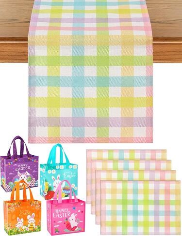 Easter Table Runner (13"x72") with 4 Placemats (12"x18") & 4 Gift Bags, Thick Fabric Pastel Buffalo Plaid Easter Decorations for Farmhouse Kitchen Dining Room Spring Party in Kuwait