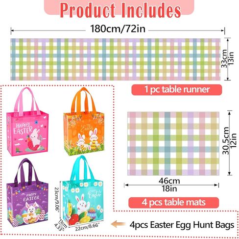 Easter Table Runner (13"x72") with 4 Placemats (12"x18") & 4 Gift Bags, Thick Fabric Pastel Buffalo Plaid Easter Decorations for Farmhouse Kitchen Dining Room Spring Party in Kuwait