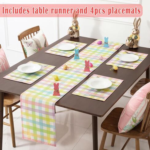 Easter Table Runner (13"x72") with 4 Placemats (12"x18") & 4 Gift Bags, Thick Fabric Pastel Buffalo Plaid Easter Decorations for Farmhouse Kitchen Dining Room Spring Party in Kuwait
