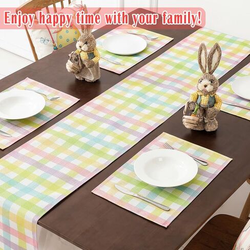 Easter Table Runner (13"x72") with 4 Placemats (12"x18") & 4 Gift Bags, Thick Fabric Pastel Buffalo Plaid Easter Decorations for Farmhouse Kitchen Dining Room Spring Party in Kuwait