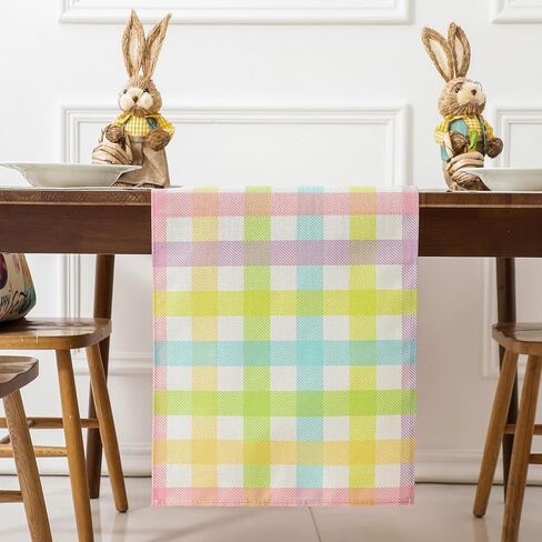 Easter Table Runner (13"x72") with 4 Placemats (12"x18") & 4 Gift Bags, Thick Fabric Pastel Buffalo Plaid Easter Decorations for Farmhouse Kitchen Dining Room Spring Party in Kuwait