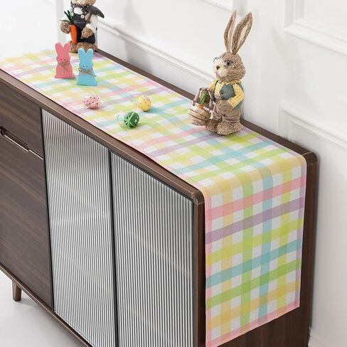 Easter Table Runner (13"x72") with 4 Placemats (12"x18") & 4 Gift Bags, Thick Fabric Pastel Buffalo Plaid Easter Decorations for Farmhouse Kitchen Dining Room Spring Party in Kuwait