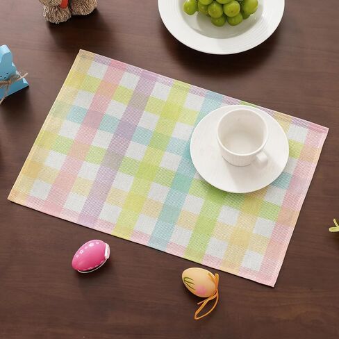 Easter Table Runner (13"x72") with 4 Placemats (12"x18") & 4 Gift Bags, Thick Fabric Pastel Buffalo Plaid Easter Decorations for Farmhouse Kitchen Dining Room Spring Party in Kuwait