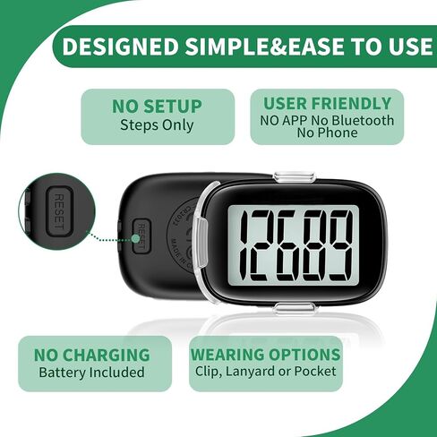 عداد الخطى للمشي البسيط ثلاثي الأبعاد مع مشبك وحبل، متتبع اللياقة البدنية للأنشطة بدون هاتف ذكي، متتبع دقيق للخطوات للنساء والرجال وكبار السن in Kuwait