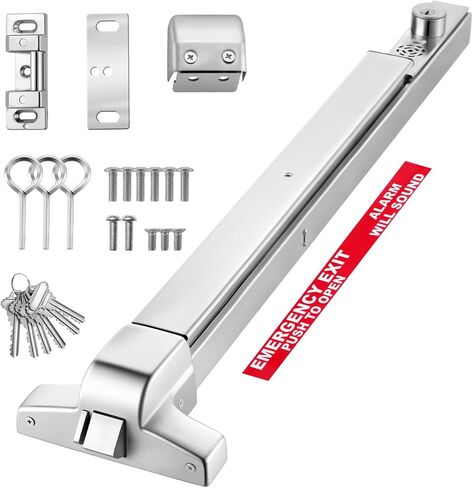 VEVOR Push Bar Panic Exit Device, 28" Stainless Steel Commercial Panic Bar for Exit Doors, Emergency Exit Door Hardware with Vertical Top Rod and Sticker, for 28"-41" Wood or Metal Door, Silver in Saudi Arabia