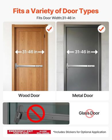VEVOR Push Bar Panic Exit Device, 28" Stainless Steel Commercial Panic Bar for Exit Doors, Emergency Exit Door Hardware with Vertical Top Rod and Sticker, for 28"-41" Wood or Metal Door, Silver in Saudi Arabia