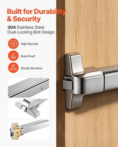 VEVOR Push Bar Panic Exit Device, 28" Stainless Steel Commercial Panic Bar for Exit Doors, Emergency Exit Door Hardware with Vertical Top Rod and Sticker, for 28"-41" Wood or Metal Door, Silver in Saudi Arabia