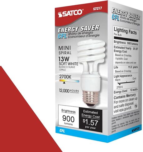 Satco S7217-13T2/E26/2700K/120V/1PK Mini Spiral Compact Fluorescent Light Bulb, 13W, Warm White, 2700K, 120V, Medium Base, 82 CRI (2 Pack) in Saudi Arabia