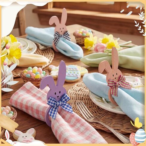 Patelai 24 Pcs Wooden Easter Bunny Rabbit Napkin Rings Thin Wooden Dinner Easter Napkins Ring for Table Dinner Party Decoration Holiday Celebration in Saudi Arabia