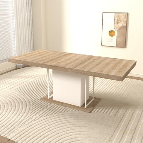 Extendable Dining Table for 6–10 People, 160–200 cm Rustic Aged Wood Expandable Kitchen Table, Modern Wooden Dining Room Table with Thick Top & Wide Pedestal Base for Family Gatherings in Saudi Arabia