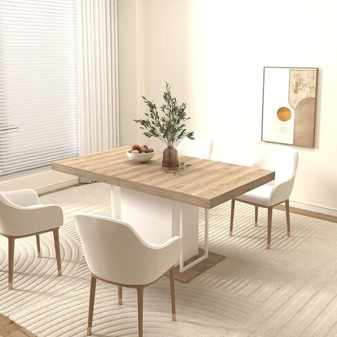 Extendable Dining Table for 6–10 People, 160–200 cm Rustic Aged Wood Expandable Kitchen Table, Modern Wooden Dining Room Table with Thick Top & Wide Pedestal Base for Family Gatherings in Saudi Arabia