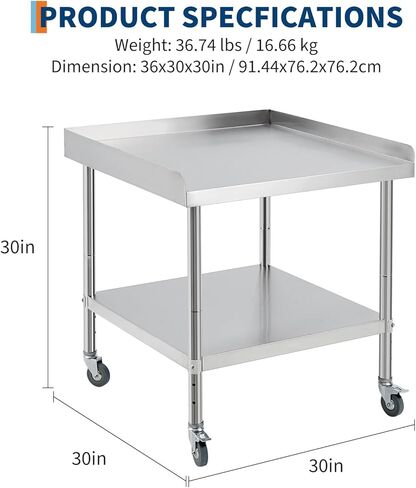 30"X30"x30" Stainless Steel Grill Stand Table, NSF Certified, 3-Sided 2" Backsplash, Adjustable Legs & Wheels, 400 Lbs Capacity, Equipment Stand for Restaurant, Hotel, Home Kitchen in Saudi Arabia
