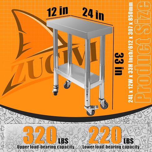 Stainless Steel Work Table 24x12x33 Inch Commercial Worktable with Lockable Wheels and 3-Stage Adjustable Under Shelf for Kitchen Prep Work Restaurant Laundry Workshop Hotel Garage in Saudi Arabia